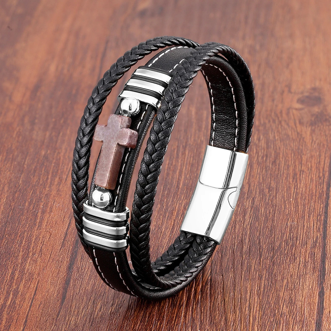 Multilayer Stone Cross Stainless Steel Bangle Bracelet Collection