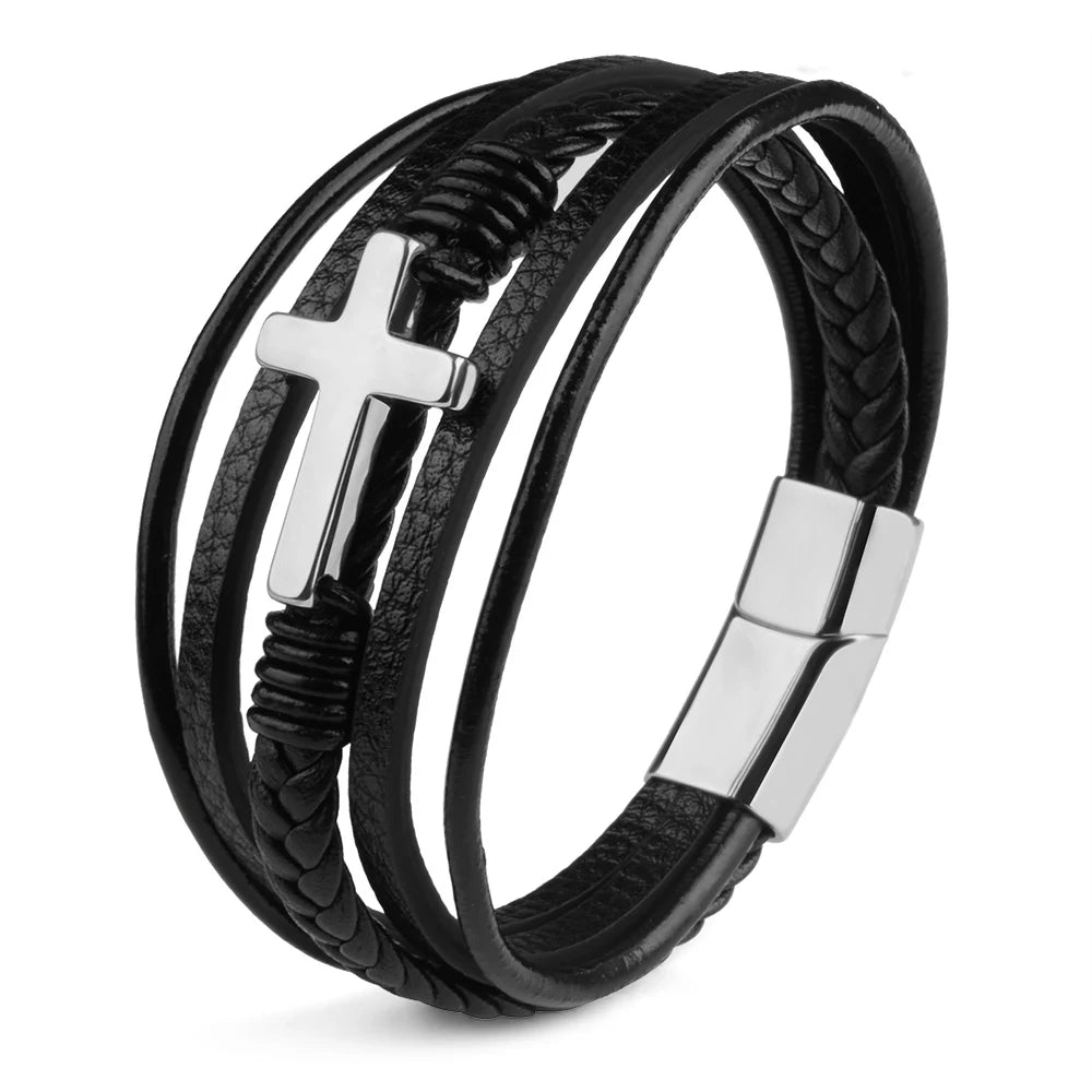 Classic Genuine Leather Stainless Steel Magnet Clasp Bracelet