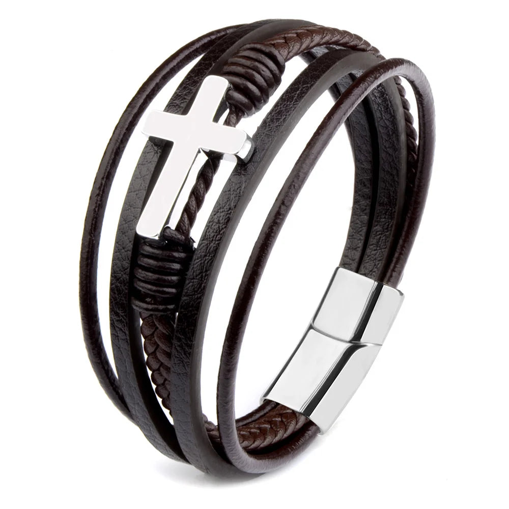 Classic Genuine Leather Stainless Steel Magnet Clasp Bracelet