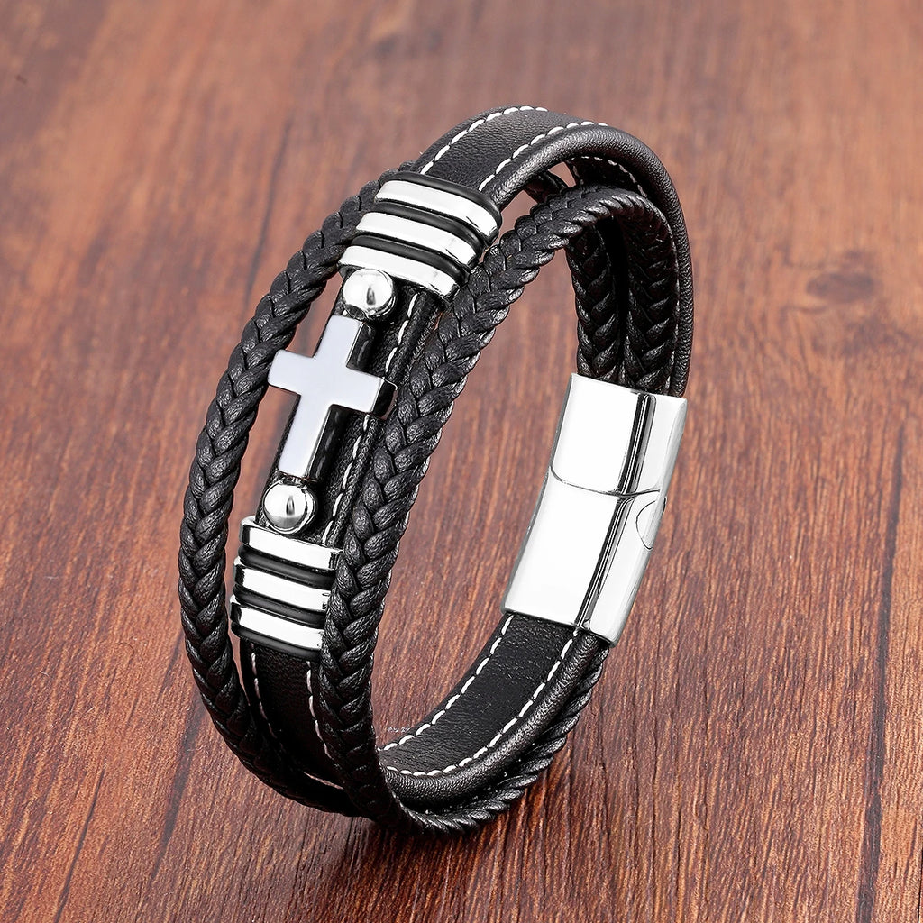 Multilayer Stone Cross Stainless Steel Bangle Bracelet Collection