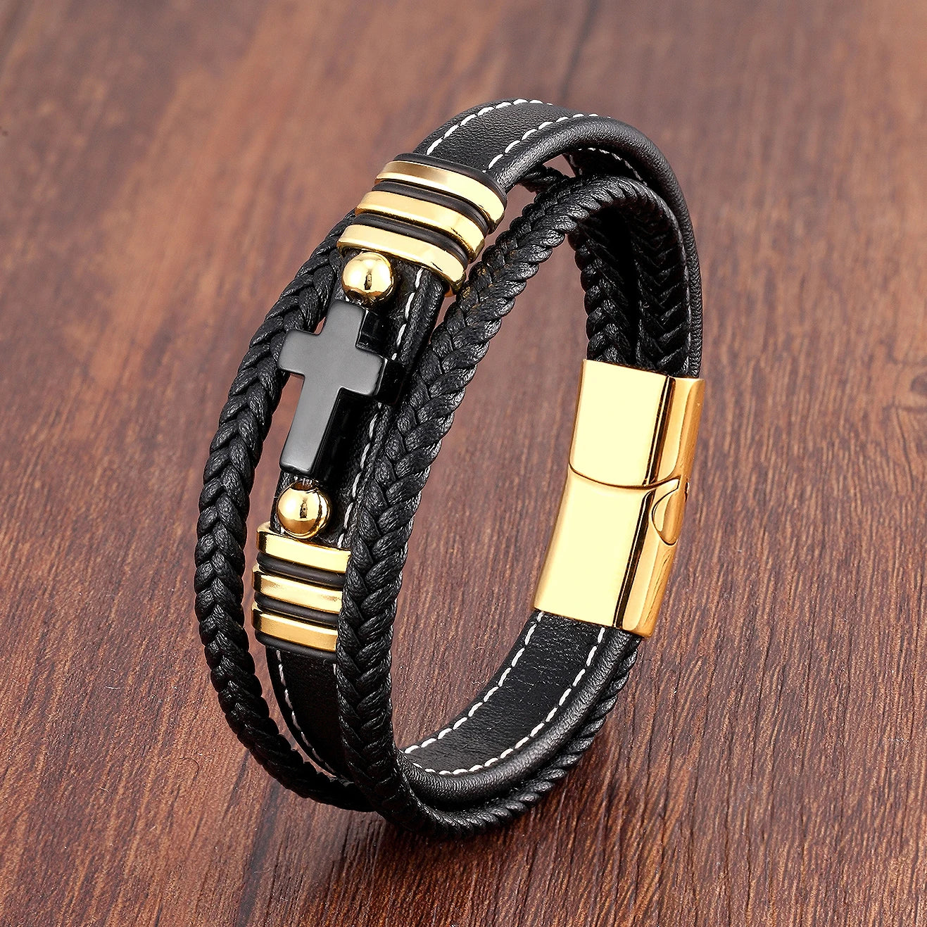Multilayer Stone Cross Stainless Steel Bangle Bracelet Collection