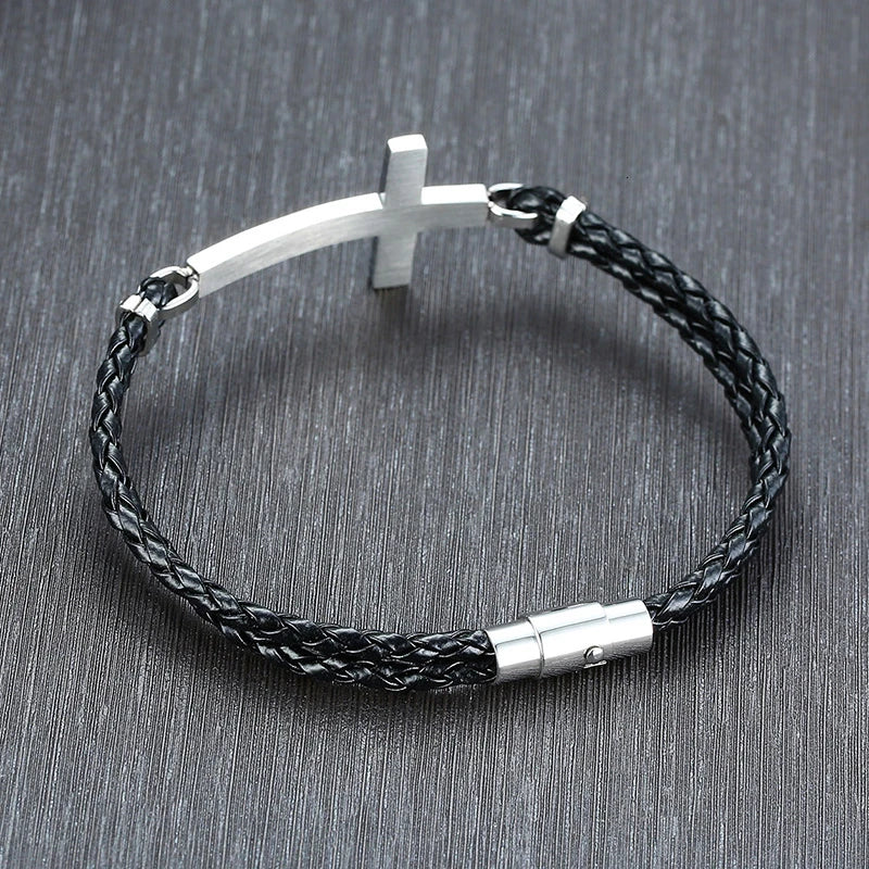 Braided Leather Cross Bracelet