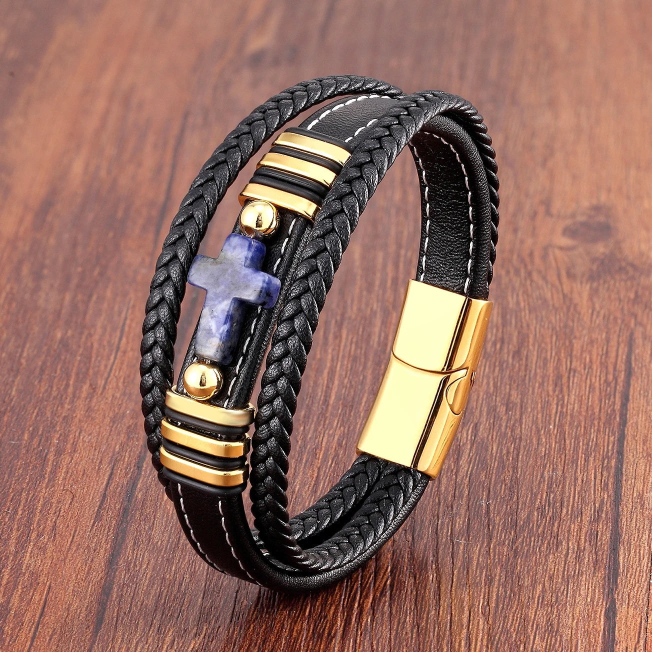 Multilayer Stone Cross Stainless Steel Bangle Bracelet Collection