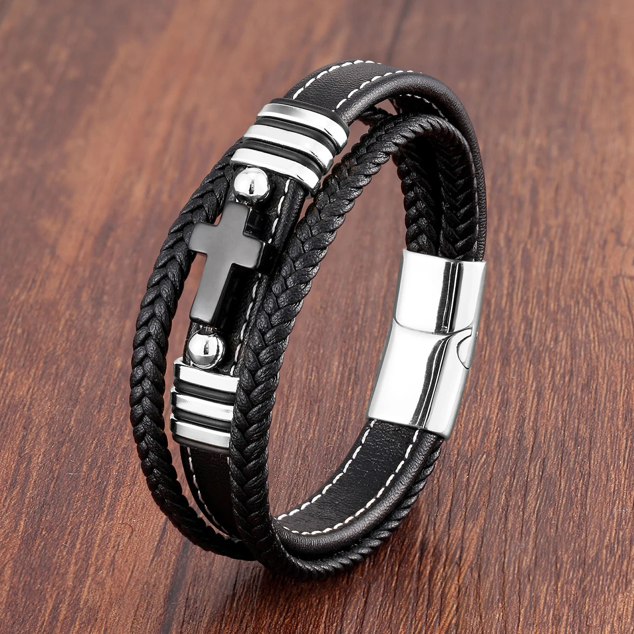 Multilayer Stone Cross Stainless Steel Bangle Bracelet Collection