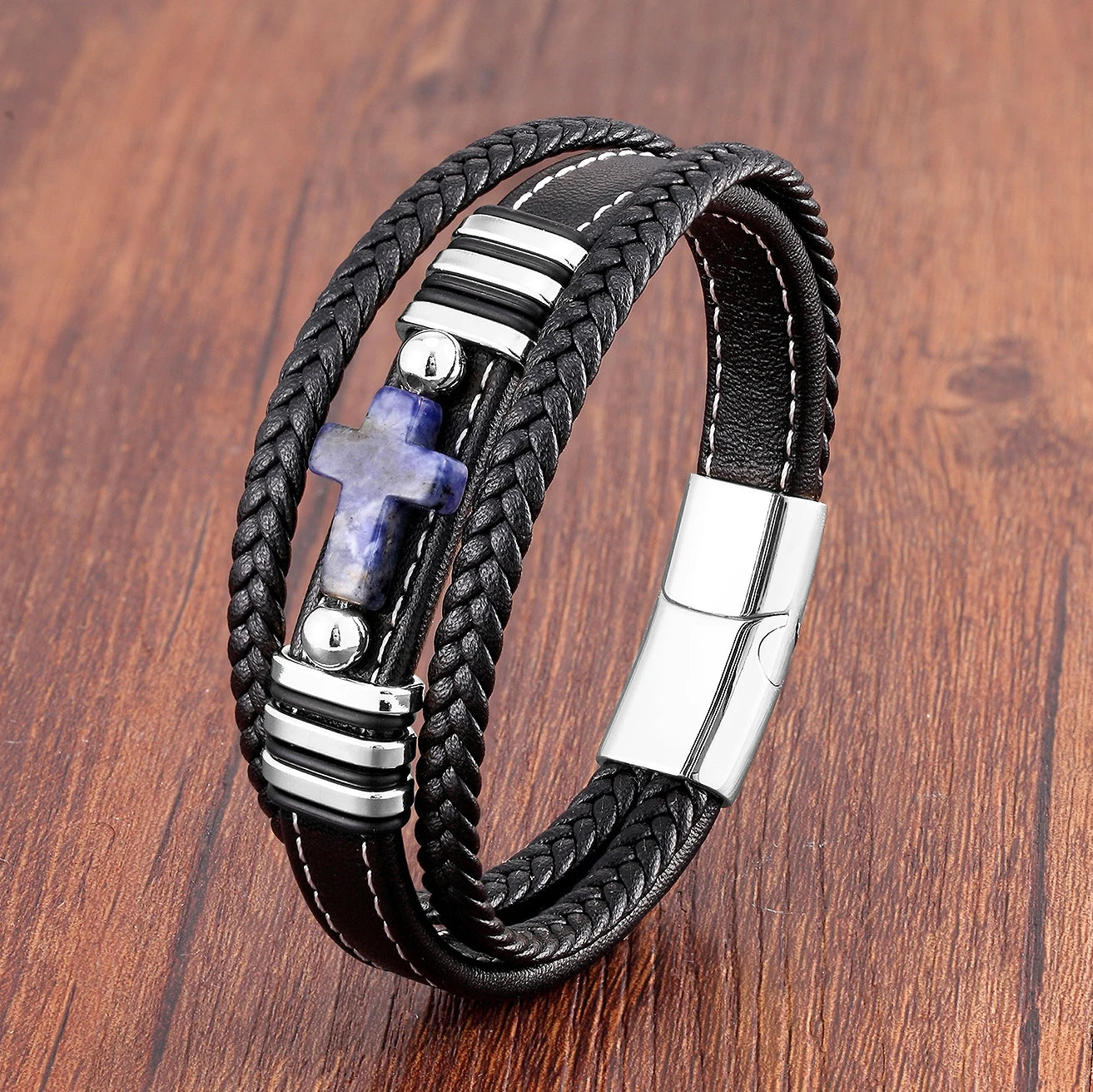 Multilayer Stone Cross Stainless Steel Bangle Bracelet Collection