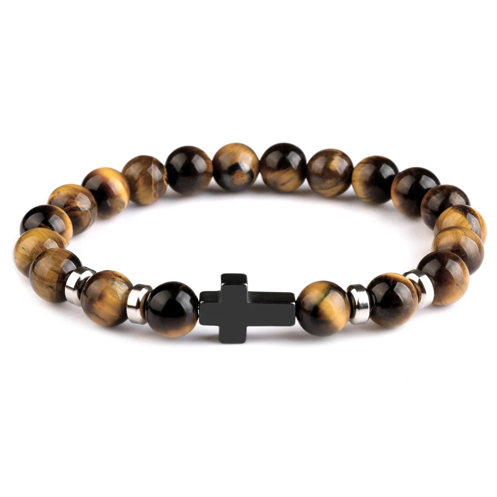 Natural Stone Cross Beaded Bracelet