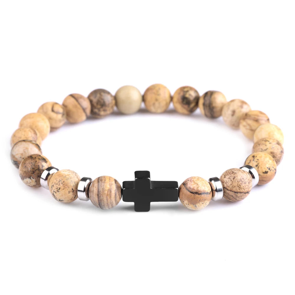 Natural Stone Cross Beaded Bracelet