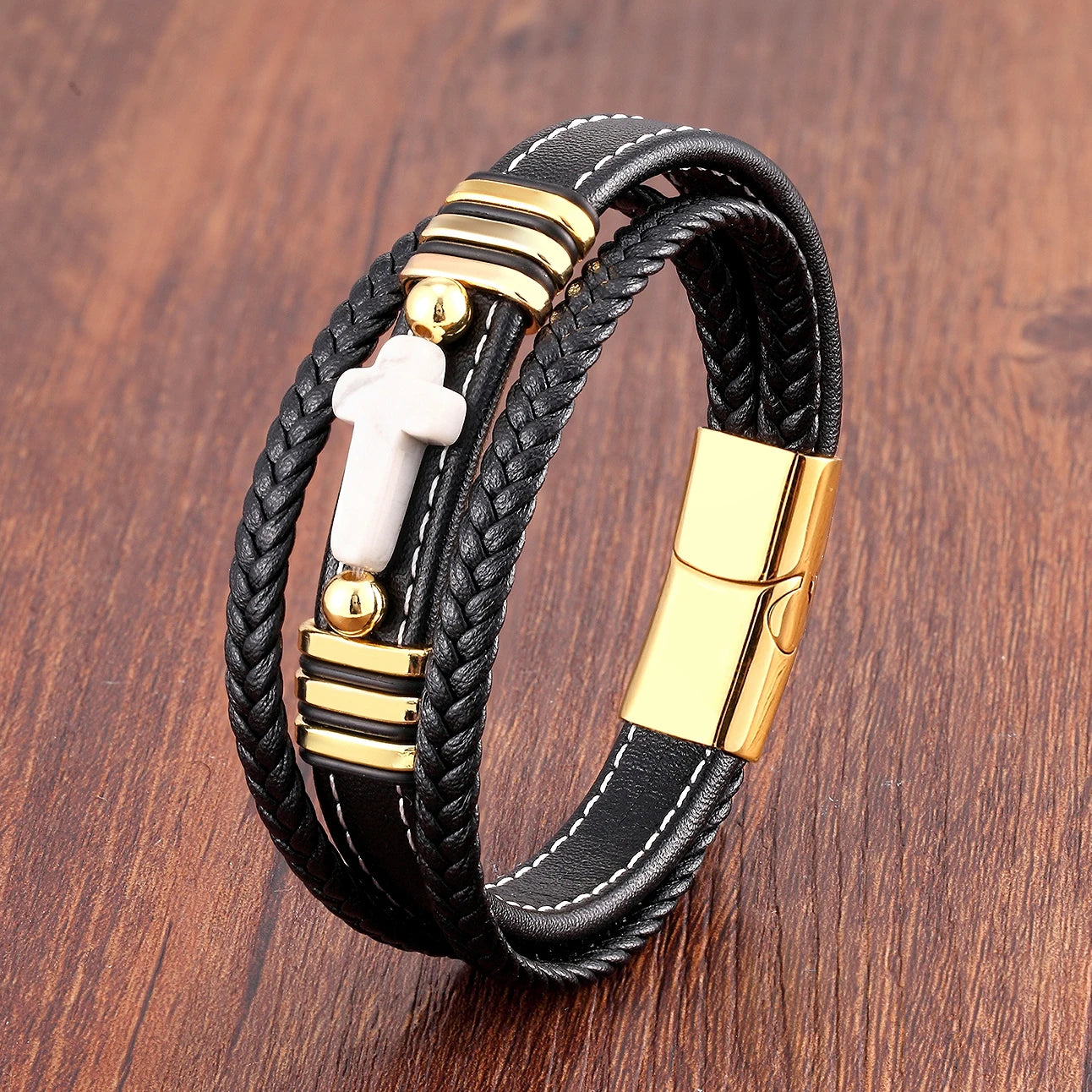 Multilayer Stone Cross Stainless Steel Bangle Bracelet Collection