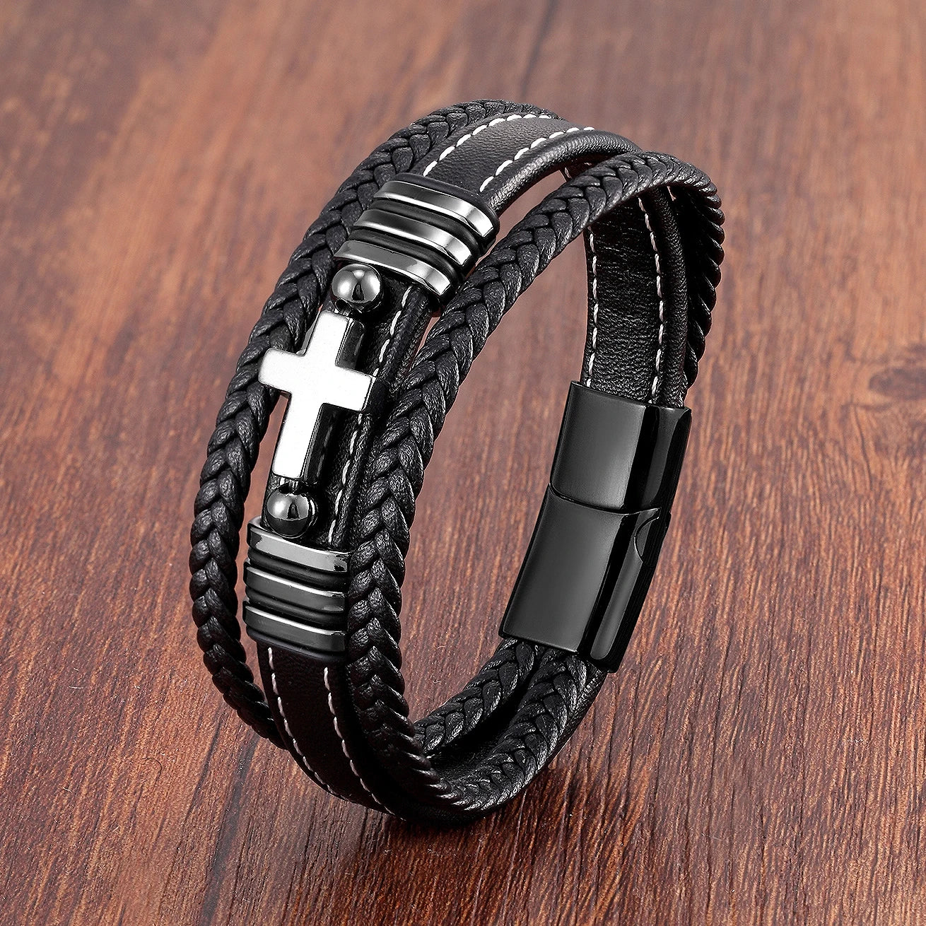 Multilayer Stone Cross Stainless Steel Bangle Bracelet Collection