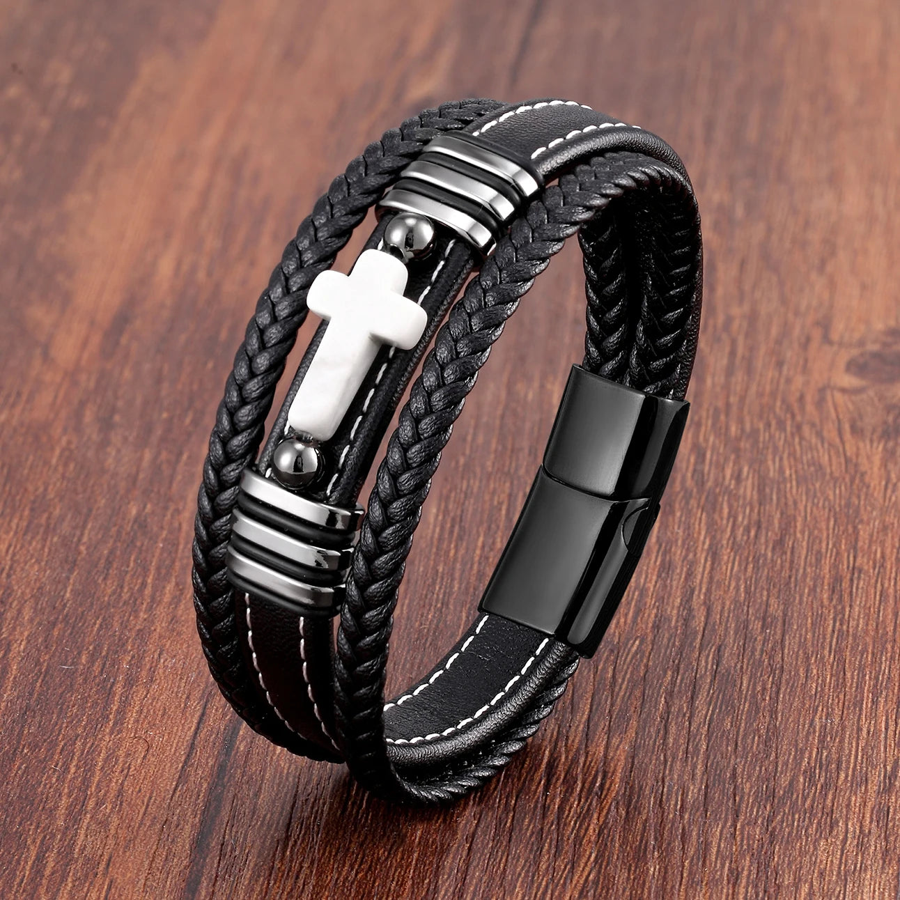 Multilayer Stone Cross Stainless Steel Bangle Bracelet Collection
