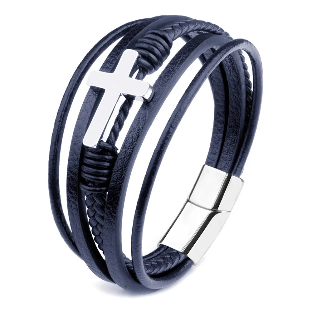 Classic Genuine Leather Stainless Steel Magnet Clasp Bracelet