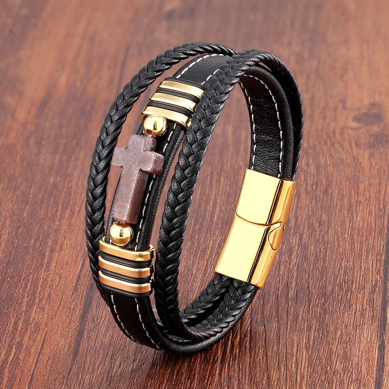 Multilayer Stone Cross Stainless Steel Bangle Bracelet Collection