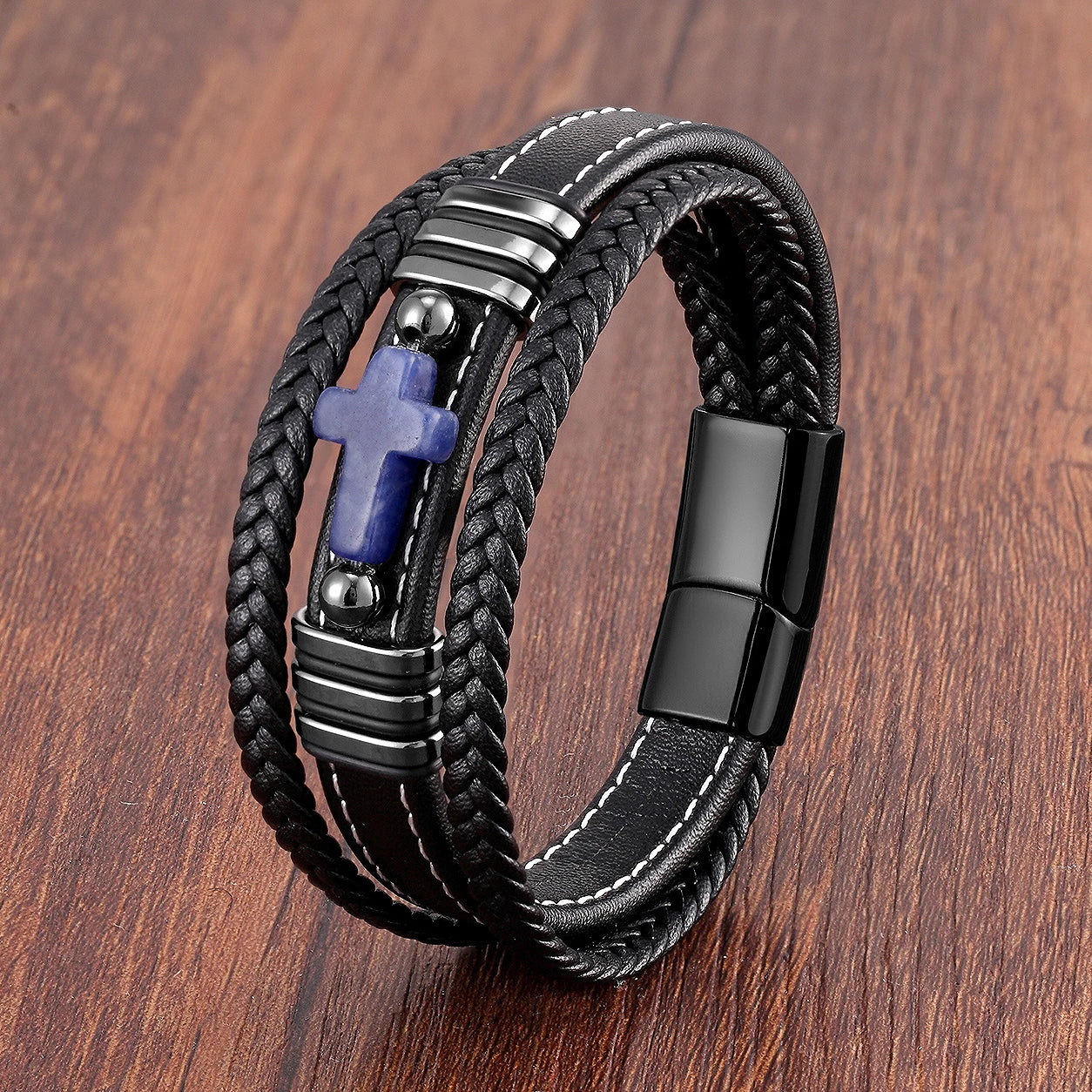 Multilayer Stone Cross Stainless Steel Bangle Bracelet Collection
