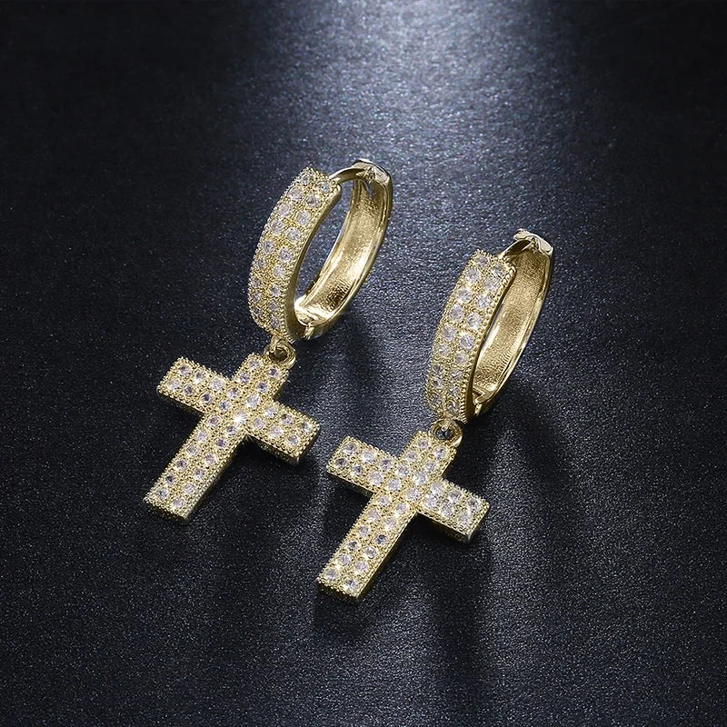 Iced Out Cross Hoop Drop Earrings