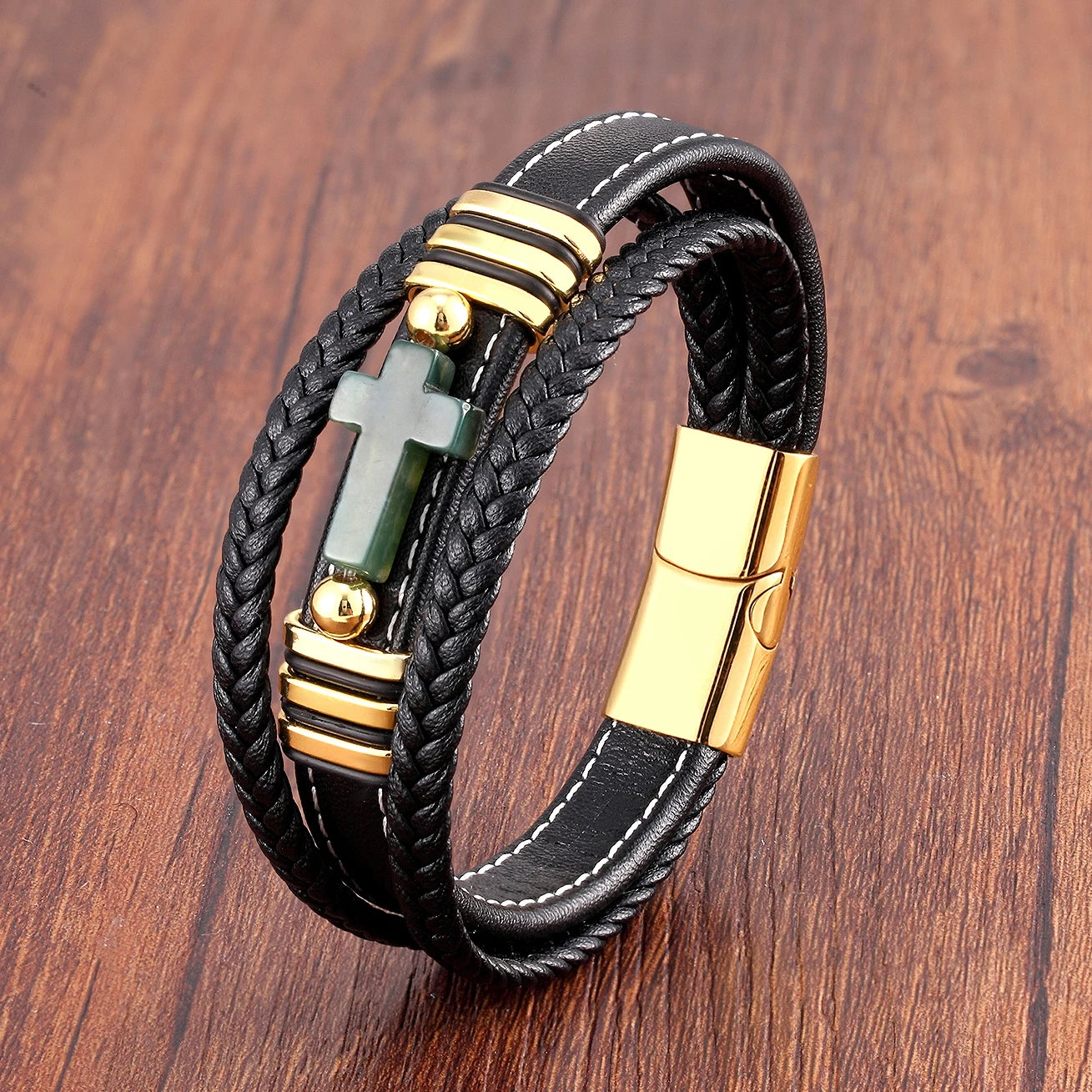 Multilayer Stone Cross Stainless Steel Bangle Bracelet Collection
