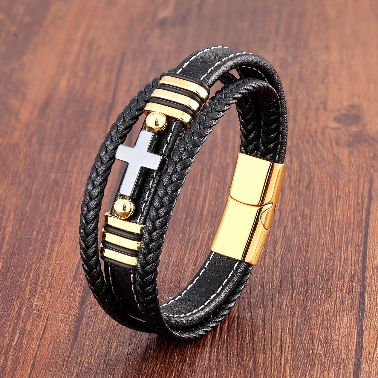 Multilayer Stone Cross Stainless Steel Bangle Bracelet Collection