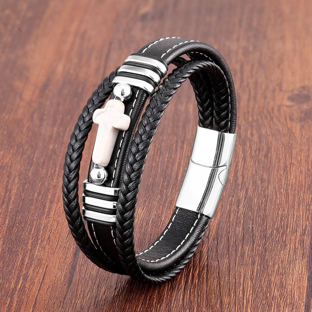 Multilayer Stone Cross Stainless Steel Bangle Bracelet Collection