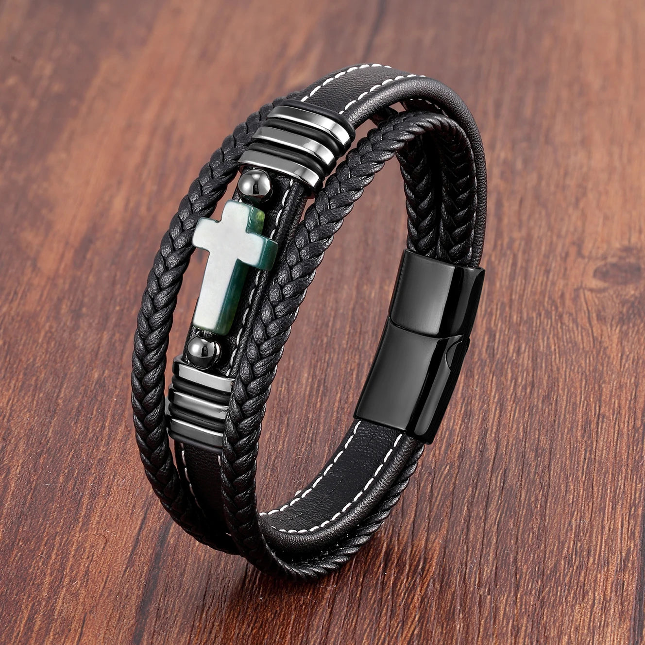 Multilayer Stone Cross Stainless Steel Bangle Bracelet Collection