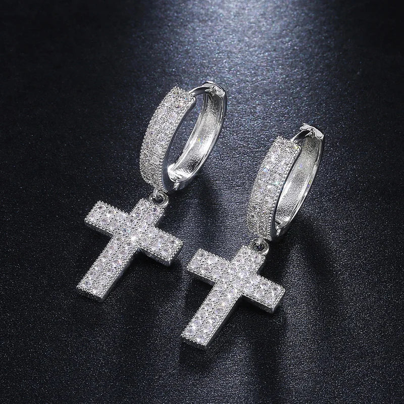 Iced Out Cross Hoop Drop Earrings