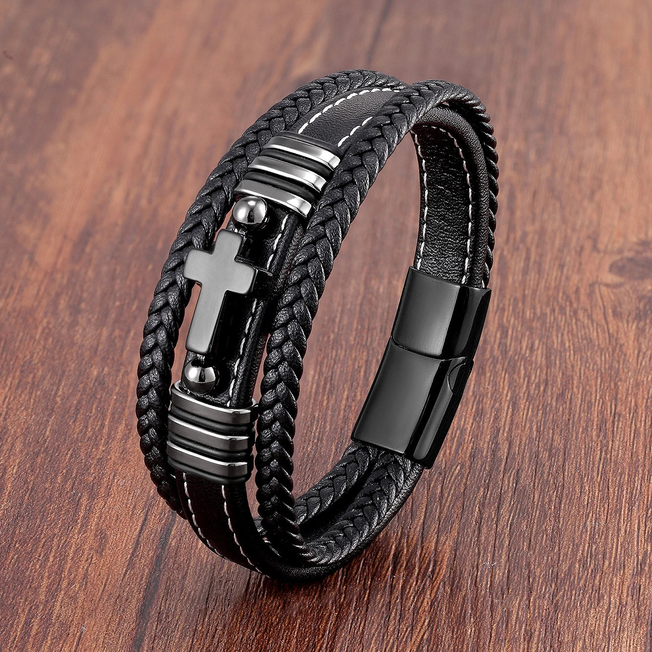 Multilayer Stone Cross Stainless Steel Bangle Bracelet Collection