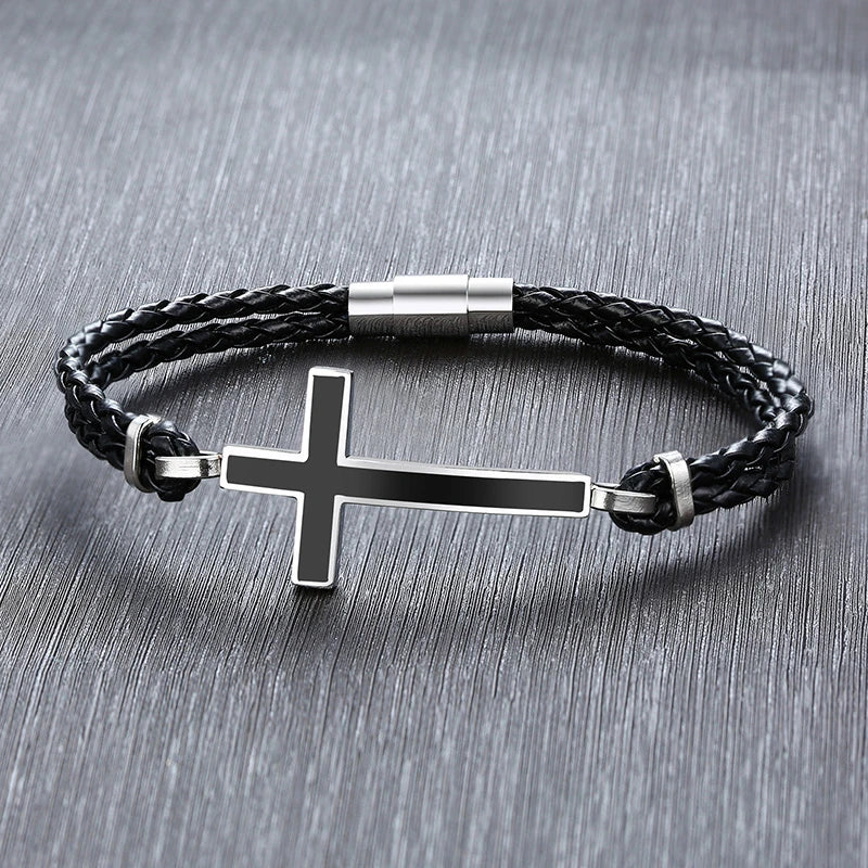 Braided Leather Cross Bracelet