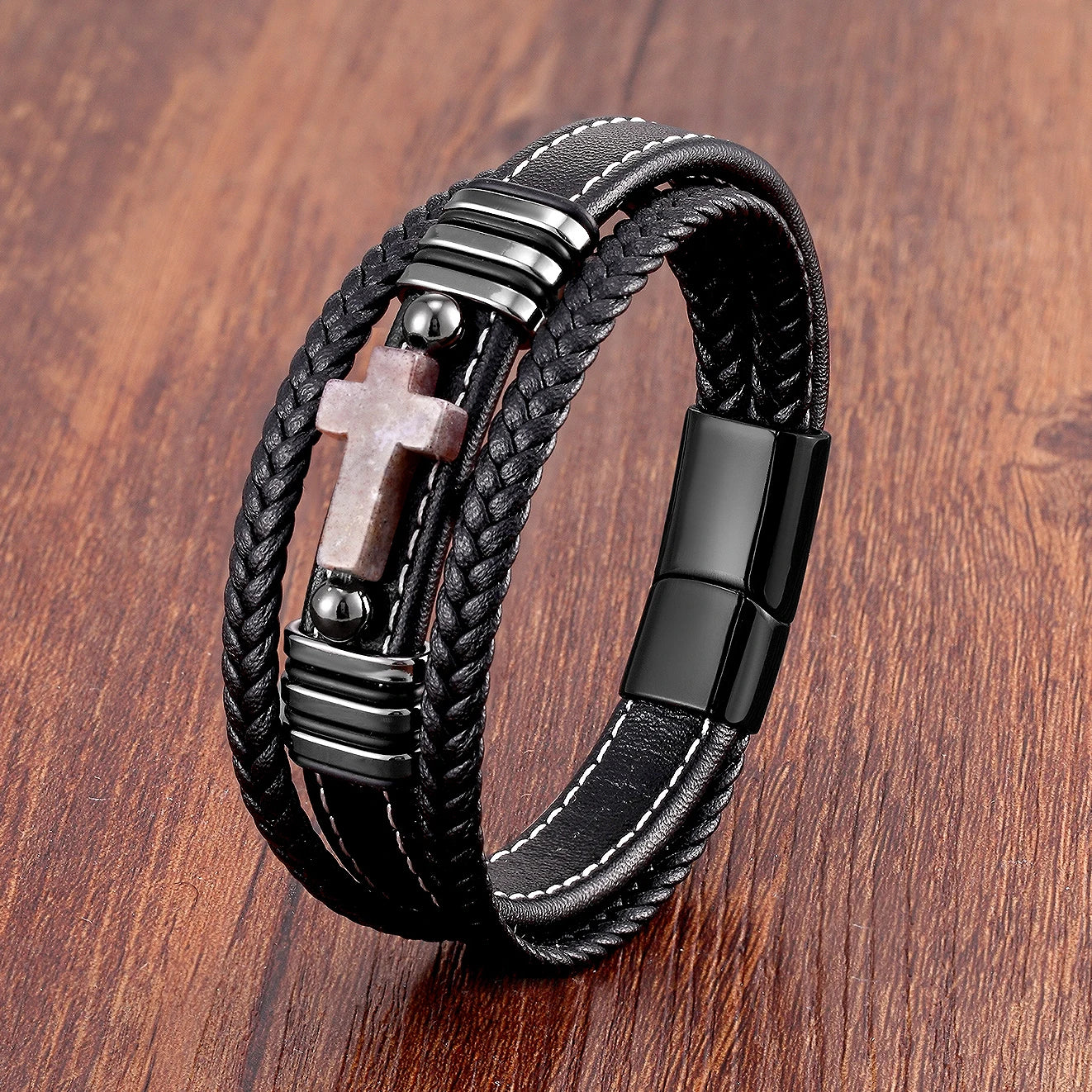 Multilayer Stone Cross Stainless Steel Bangle Bracelet Collection