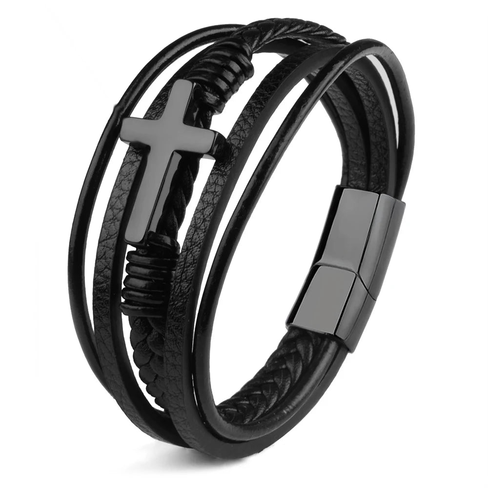 Classic Genuine Leather Stainless Steel Magnet Clasp Bracelet