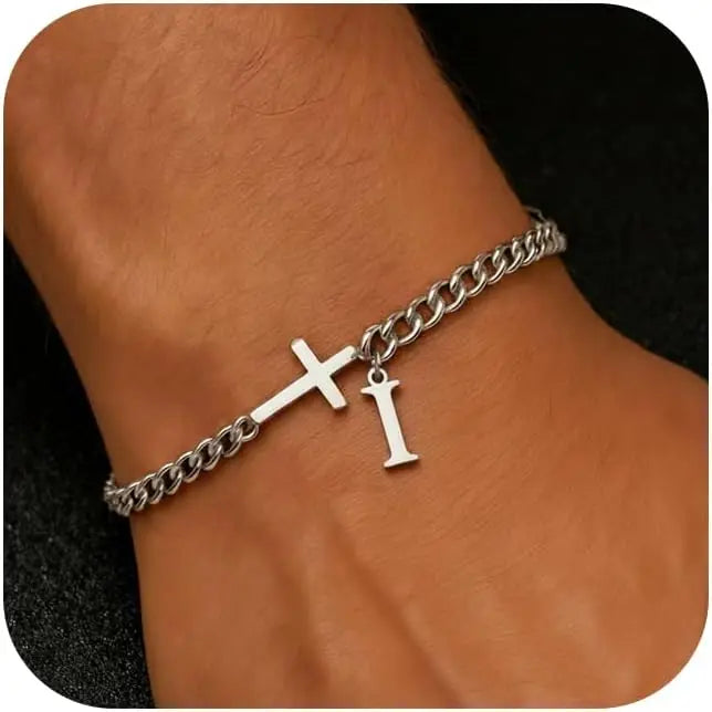 Cross Cuban Stainless Steel Initial Bracelets