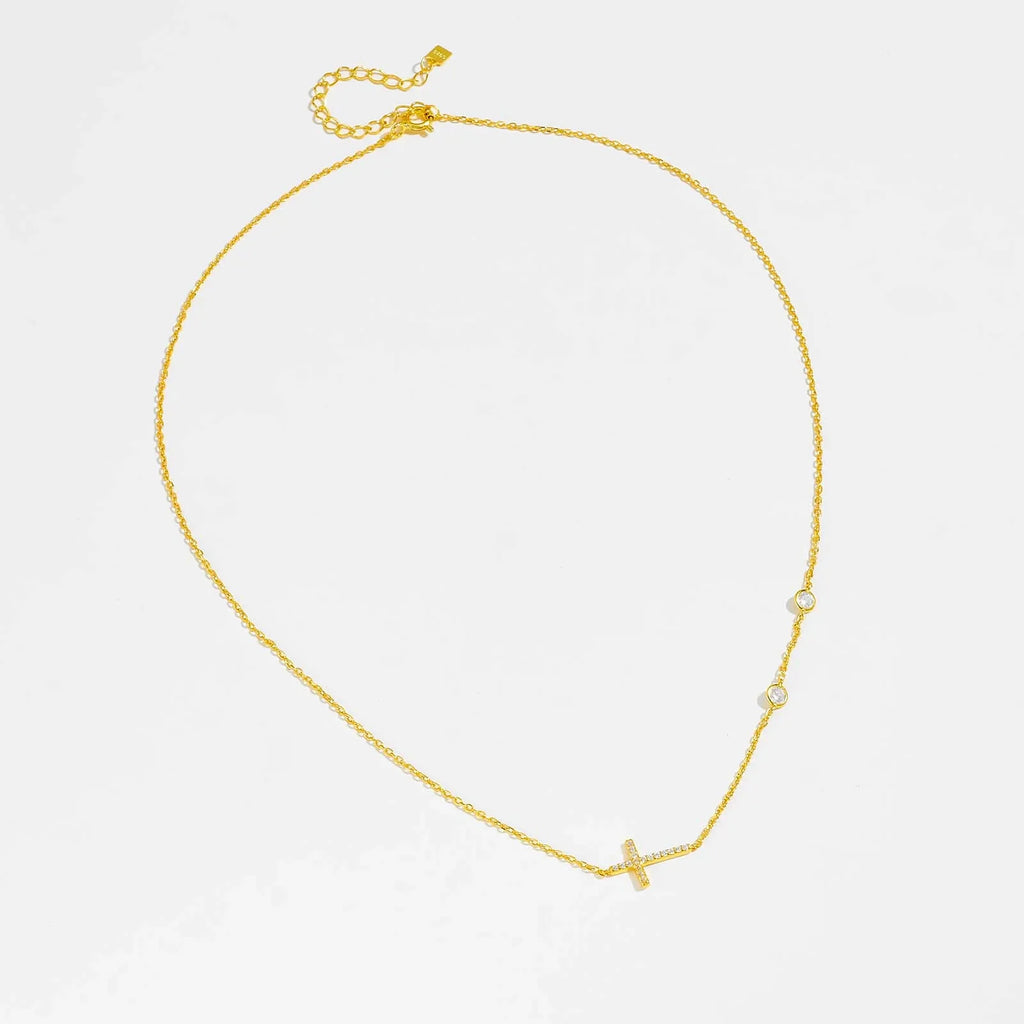 Sideways Cross Zircon Pendant Necklace