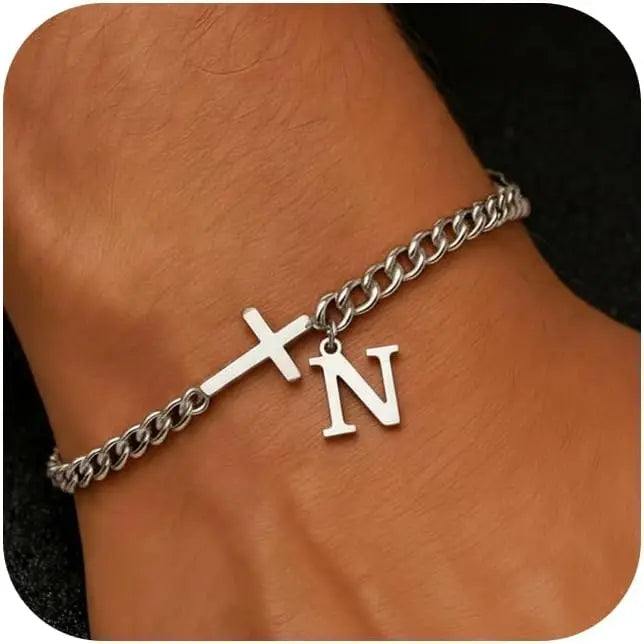Cross Cuban Stainless Steel Initial Bracelets
