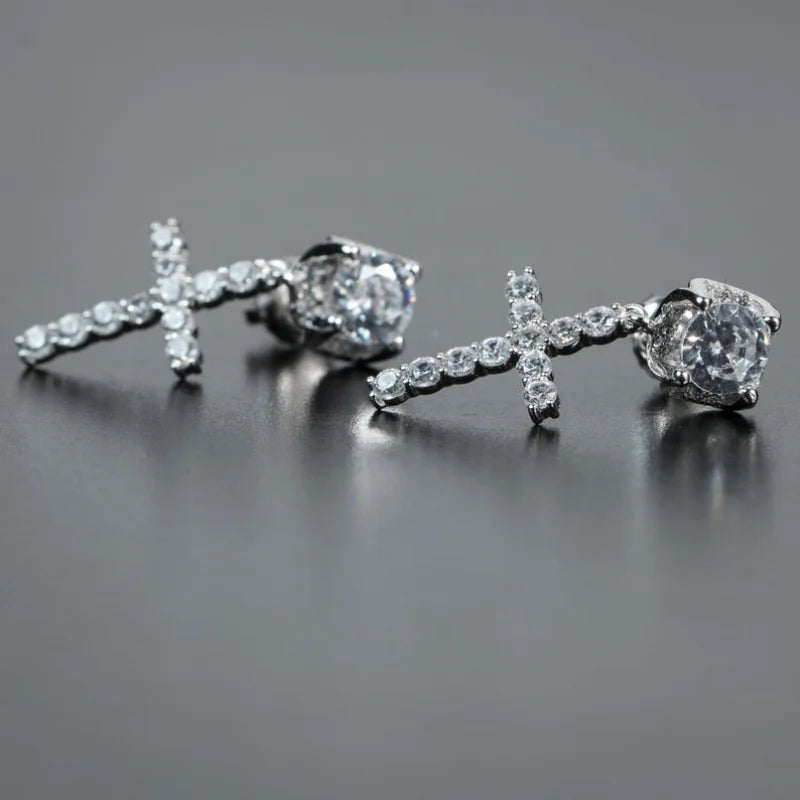 CZ Cross Drop Stud Earrings