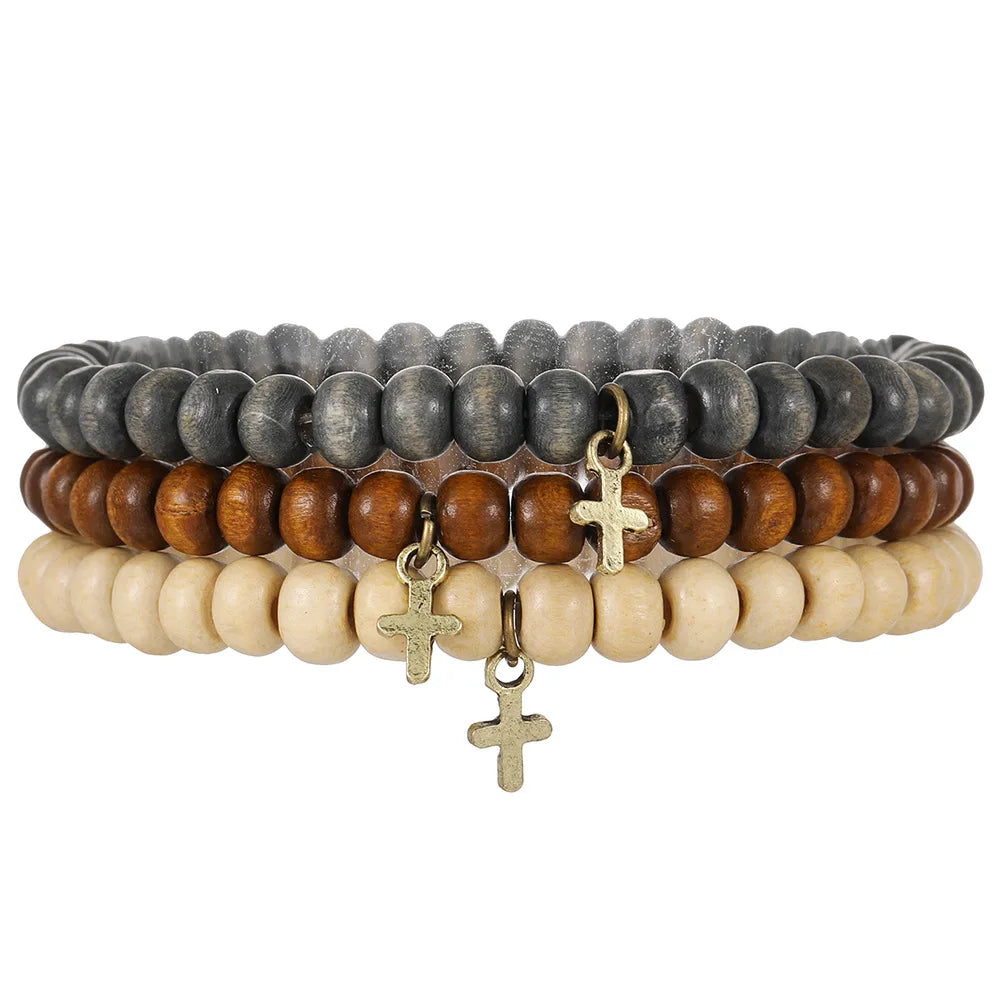 3-Piece Vintage Multi-Layered Wooden Beaded Bracelet Set