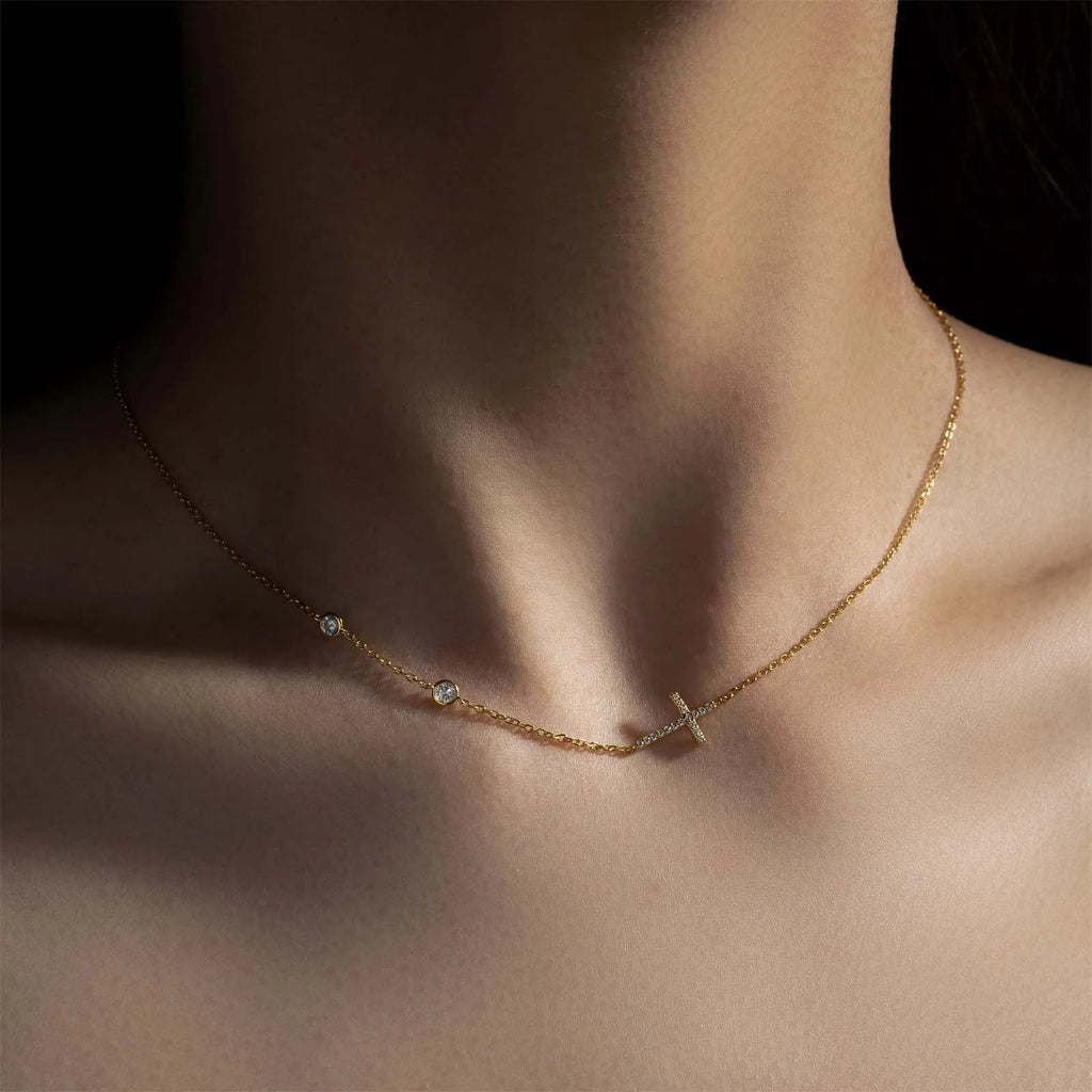 Sideways Cross Zircon Pendant Necklace