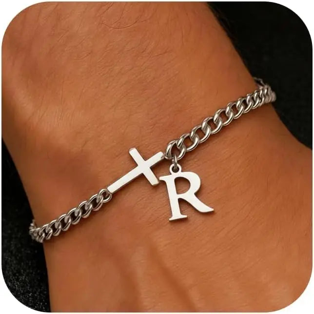 Cross Cuban Stainless Steel Initial Bracelets