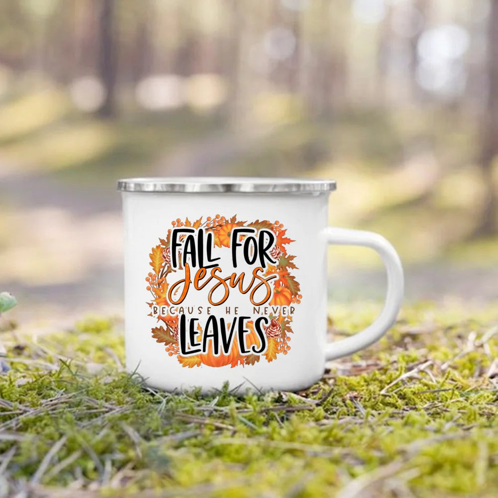 Fall for Jesus He Never Leaves Autumn Enamel Mugs