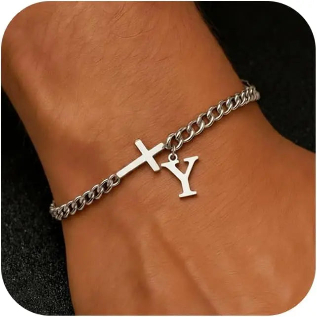 Cross Cuban Stainless Steel Initial Bracelets