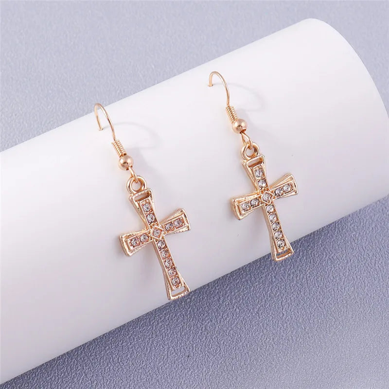 Beveled Crystal Cross Drop Earrings