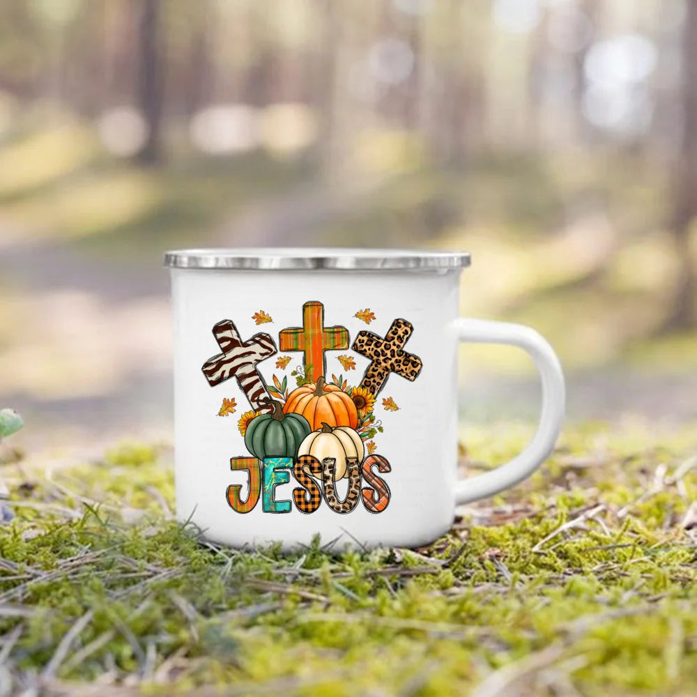 Fall for Jesus He Never Leaves Autumn Enamel Mugs