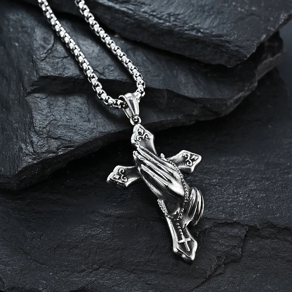 Praying Hands Crucifix Cross Necklace