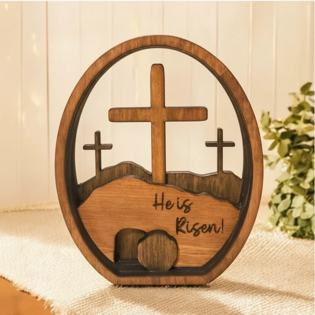 He Is Risen 3D Wooden Open Tomb Decor