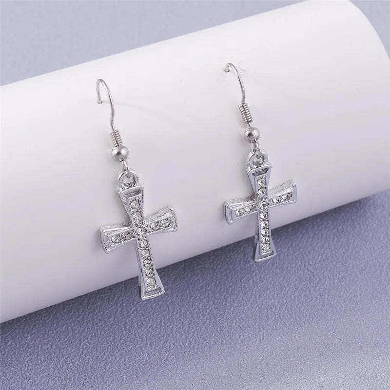 Beveled Crystal Cross Drop Earrings