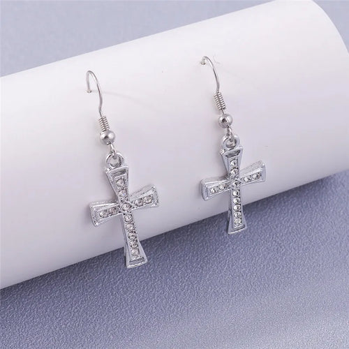 Beveled Crystal Cross Drop Earrings