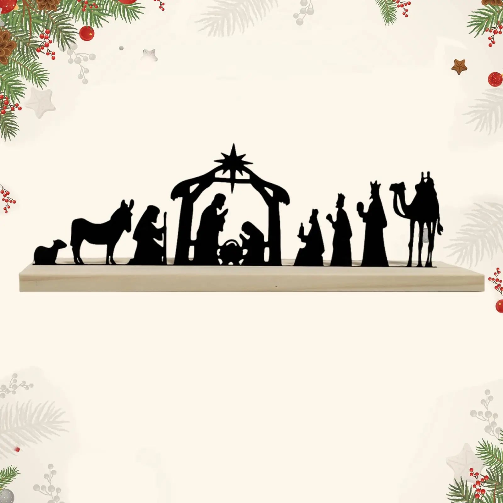 Metal Nativity Decor with Removable Wooden Base
