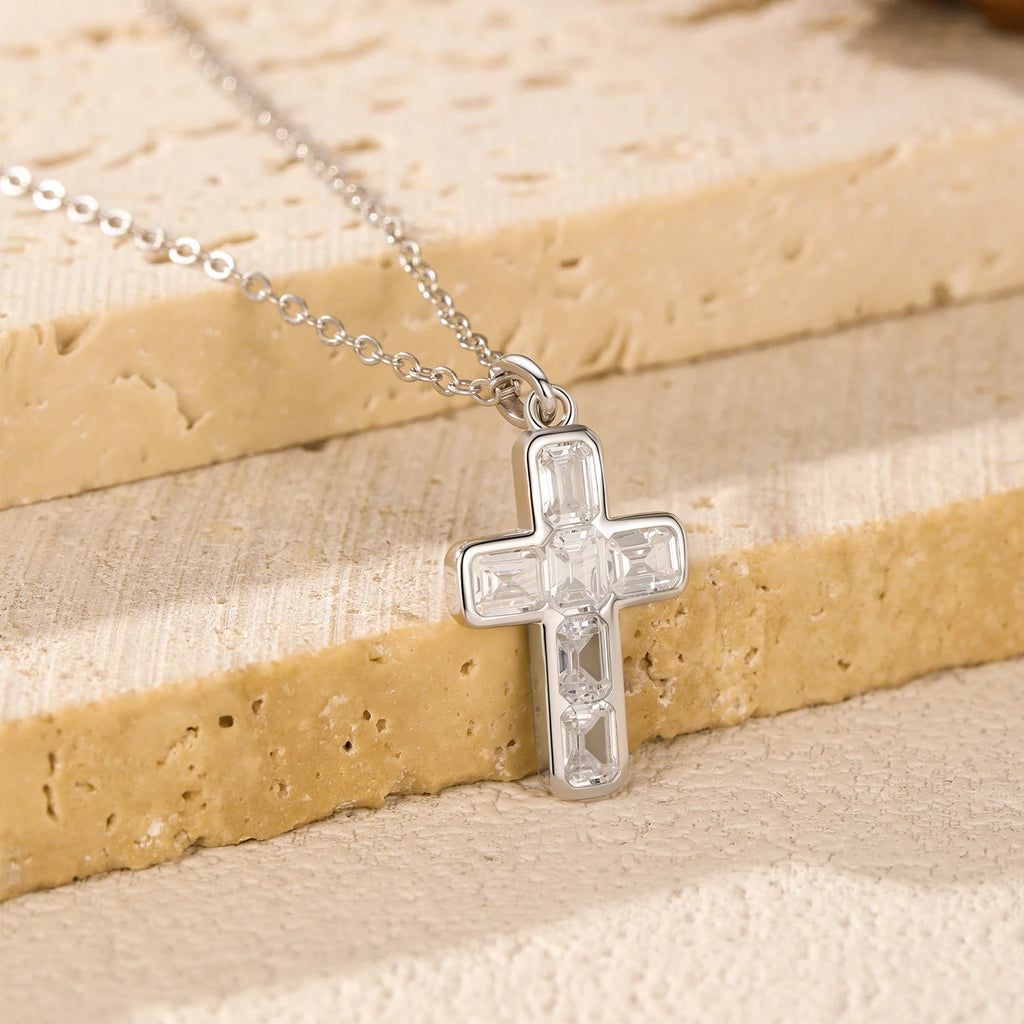 Emerald Cut CZ Cross Pendant Necklace