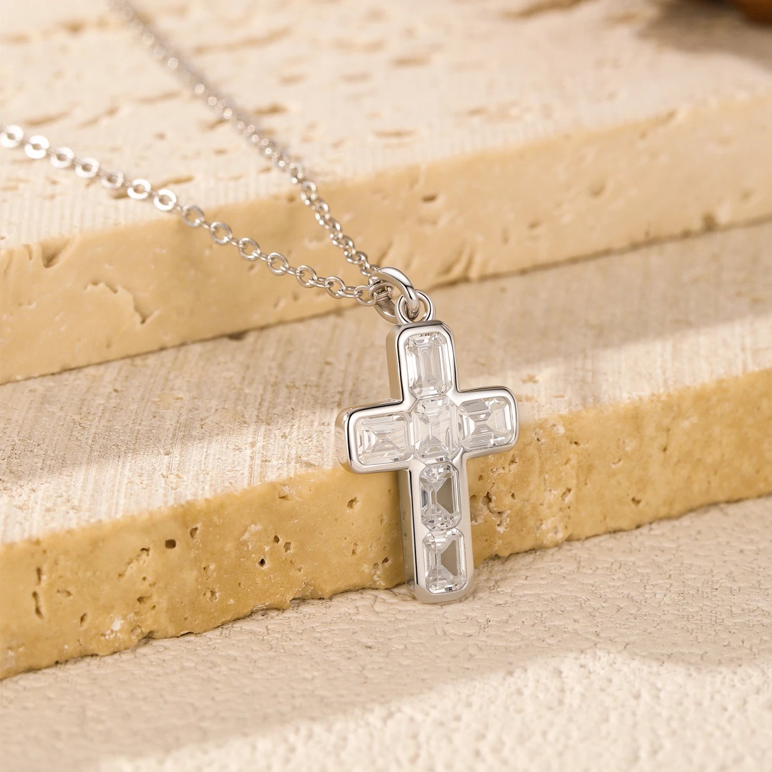 Emerald Cut CZ Cross Pendant Necklace