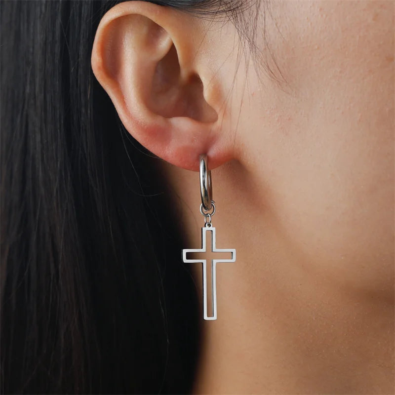 Hollow Cross Hoop Drop Earrings