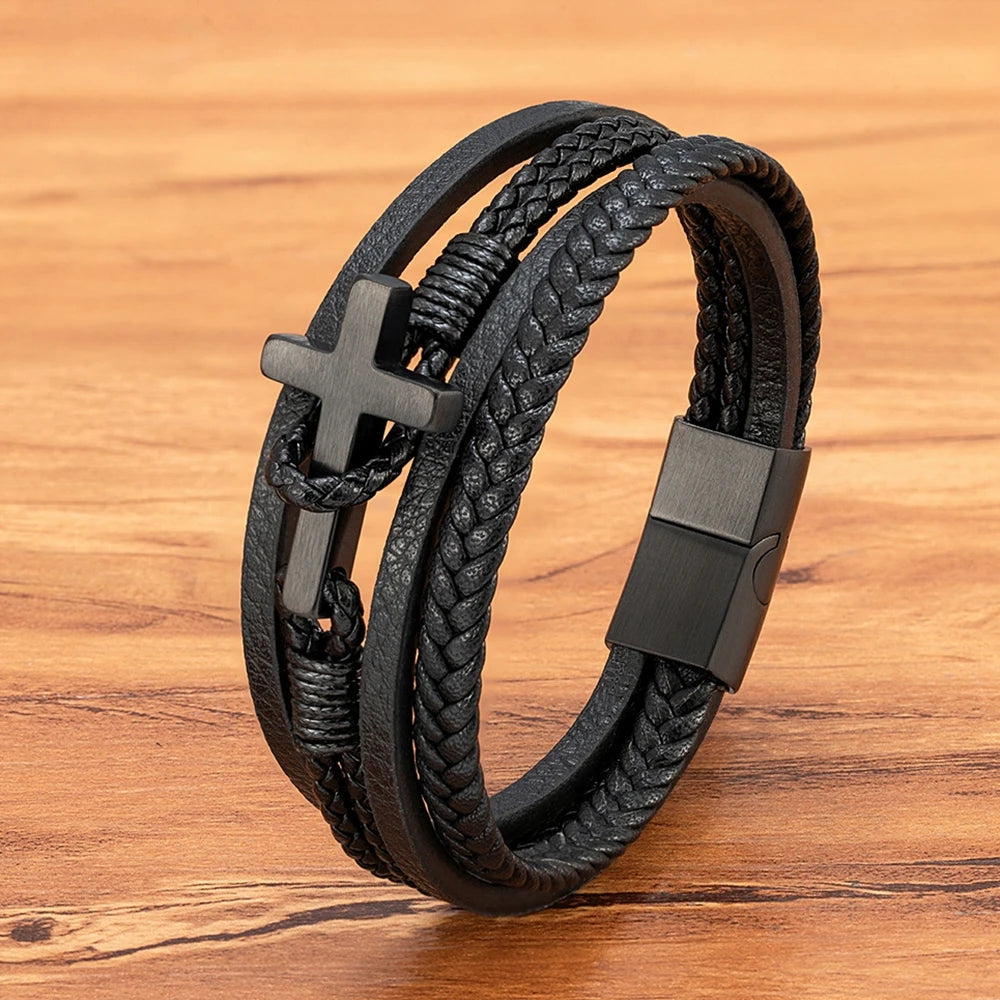 Cross Leather Bracelet with Magnetic Clasp