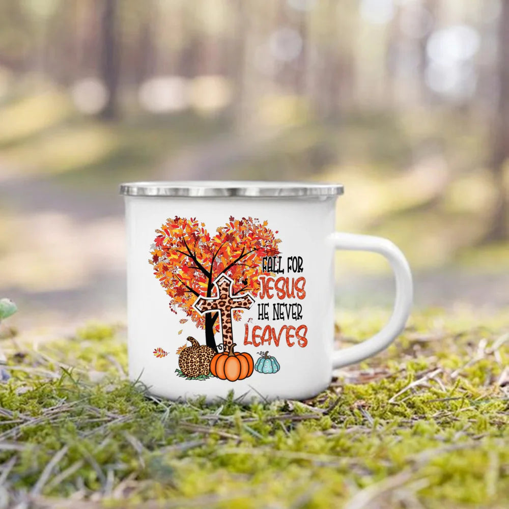 Fall for Jesus He Never Leaves Autumn Enamel Mugs