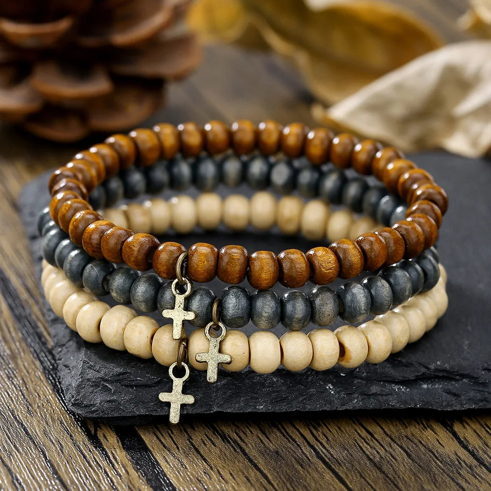 3-Piece Vintage Multi-Layered Wooden Beaded Bracelet Set