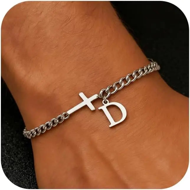 Cross Cuban Stainless Steel Initial Bracelets